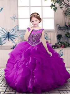 Purple Ball Gowns Beading and Ruffles Child Pageant Dress Zipper Organza Sleeveless Floor Length