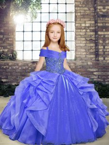 Floor Length Lace Up Glitz Pageant Dress Blue for Party and Wedding Party with Beading and Ruffles