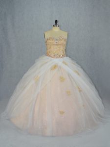 Charming Champagne Ball Gowns Tulle Sweetheart Sleeveless Beading and Appliques Lace Up Sweet 16 Quinceanera Dress