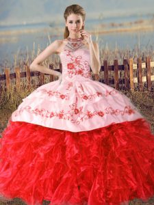Luxurious Floor Length Red Sweet 16 Quinceanera Dress Organza Court Train Sleeveless Embroidery and Ruffles