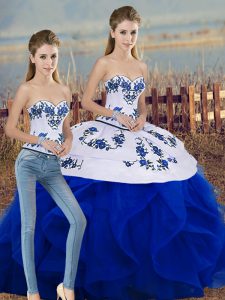 Sophisticated Royal Blue Sleeveless Floor Length Embroidery and Ruffles and Bowknot Lace Up Sweet 16 Dresses