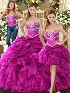 Fitting Sleeveless Floor Length Beading and Ruffles Lace Up Vestidos de Quinceanera with Fuchsia