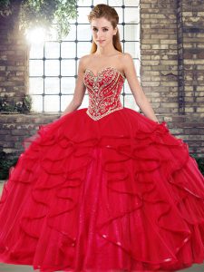Romantic Red Sleeveless Floor Length Beading and Ruffles Lace Up 15 Quinceanera Dress