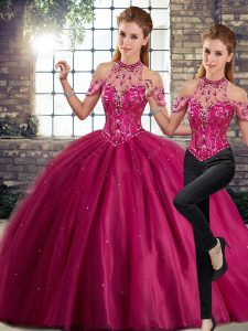 Sleeveless Tulle Brush Train Lace Up Sweet 16 Quinceanera Dress in Fuchsia with Beading