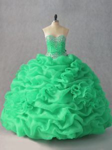 Cheap Green Organza Lace Up Sweetheart Sleeveless Floor Length Sweet 16 Dresses Beading and Pick Ups and Hand Made Flower