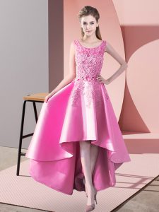 Rose Pink Satin Zipper Vestidos de Damas Sleeveless High Low Lace