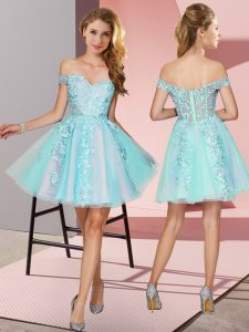 Artistic Sleeveless Mini Length Lace Zipper Quinceanera Court of Honor Dress with Aqua Blue