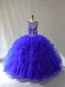 Floor Length Lace Up Quinceanera Gowns Royal Blue for Sweet 16 and Quinceanera with Beading and Ruffles