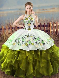 Custom Design Olive Green Organza Lace Up Halter Top Sleeveless Floor Length Quinceanera Dress Embroidery and Ruffles