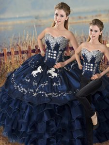 Pretty Navy Blue Satin and Organza Lace Up Vestidos de Quinceanera Sleeveless Floor Length Embroidery and Ruffles