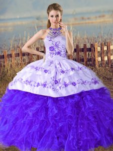 Custom Design Blue Lace Up Halter Top Embroidery and Ruffles Quinceanera Gown Organza Sleeveless Court Train