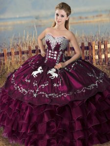 Purple Sleeveless Embroidery and Ruffles Floor Length 15th Birthday Dress
