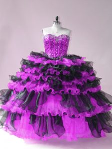 Beautiful Black And Purple Sweetheart Lace Up Beading and Ruffled Layers Quinceanera Gown Sleeveless