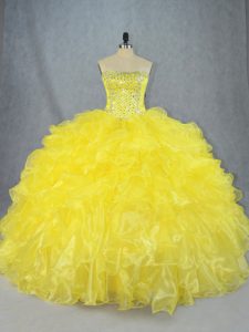 Smart Sleeveless Asymmetrical Beading and Ruffles Lace Up 15 Quinceanera Dress with Yellow