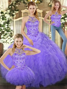 Floor Length Lavender Vestidos de Quinceanera Halter Top Sleeveless Lace Up