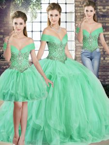 Apple Green Sleeveless Tulle Lace Up Quinceanera Dress for Military Ball and Sweet 16 and Quinceanera