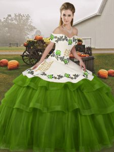 Ideal Olive Green Lace Up 15th Birthday Dress Embroidery and Ruffled Layers Sleeveless Brush Train