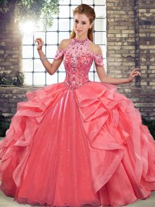 Flirting Watermelon Red Sleeveless Organza Lace Up Quinceanera Dresses for Military Ball and Sweet 16 and Quinceanera