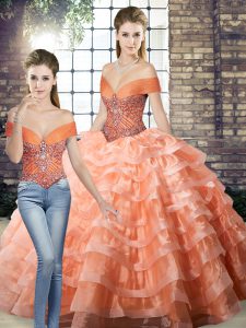 Fashionable Peach Off The Shoulder Neckline Beading and Ruffled Layers Ball Gown Prom Dress Sleeveless Lace Up