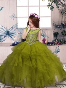 Organza Scoop Sleeveless Lace Up Beading and Ruffles Child Pageant Dress in Olive Green