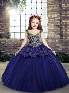 Purple Lace Up Straps Beading and Appliques Little Girls Pageant Gowns Tulle Sleeveless