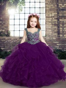 Floor Length Lace Up Little Girl Pageant Gowns Eggplant Purple for Party and Military Ball and Wedding Party with Beading and Ruffles