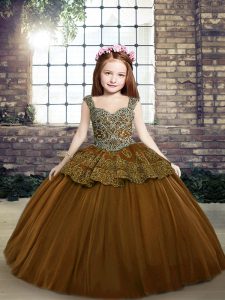 Stunning Beading and Appliques Little Girls Pageant Dress Brown Lace Up Sleeveless Floor Length