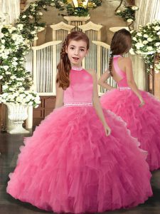 High-neck Sleeveless Glitz Pageant Dress Floor Length Beading and Ruffles Rose Pink Tulle