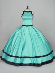 Aqua Blue Ball Gowns Satin Scoop Sleeveless Ruching Floor Length Zipper Sweet 16 Dress