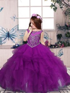Purple Ball Gowns Tulle Scoop Sleeveless Beading Floor Length Zipper Kids Formal Wear