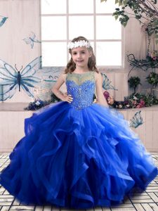 New Style Sleeveless Tulle Floor Length Lace Up Little Girl Pageant Dress in Royal Blue with Beading and Ruffles