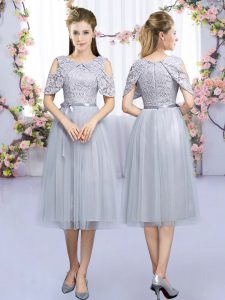 Grey Sleeveless Lace and Belt Tea Length Damas Dress