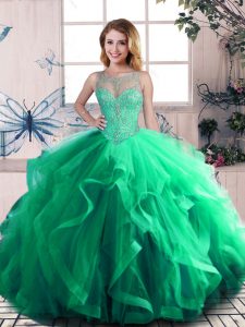 Attractive Green Ball Gowns Beading and Ruffles Sweet 16 Quinceanera Dress Lace Up Tulle Sleeveless Floor Length