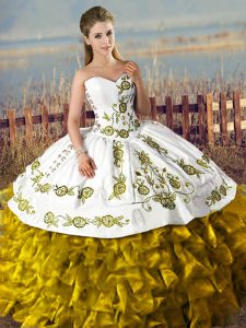 Satin and Organza Sleeveless Floor Length Quinceanera Gowns and Embroidery and Ruffles
