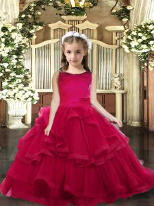 Floor Length Lace Up Kids Pageant Dress Red for Party and Wedding Party with Ruffled Layers