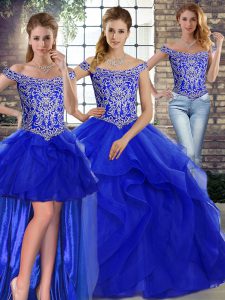 Exquisite Royal Blue Off The Shoulder Neckline Beading and Ruffles Quinceanera Gown Sleeveless Lace Up