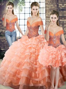 Latest Peach Off The Shoulder Neckline Beading and Ruffled Layers Quinceanera Gown Sleeveless Lace Up
