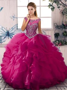 Fine Sleeveless Floor Length Beading and Ruffles Zipper Ball Gown Prom Dress with Fuchsia
