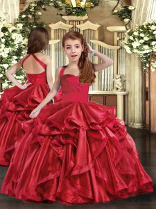 High Class Organza Straps Sleeveless Lace Up Ruffles Little Girls Pageant Gowns in Red