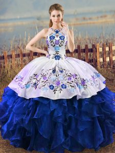 Blue And White Halter Top Neckline Embroidery and Ruffles Quinceanera Dress Sleeveless Lace Up