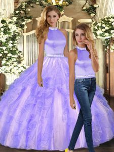 Simple Lavender Tulle Backless Sweet 16 Quinceanera Dress Sleeveless Floor Length Ruffles