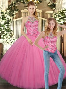 Amazing Rose Pink Ball Gowns Embroidery Sweet 16 Quinceanera Dress Lace Up Tulle Sleeveless Floor Length