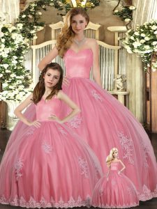 Watermelon Red Ball Gowns Sweetheart Sleeveless Tulle Floor Length Lace Up Appliques Sweet 16 Dress