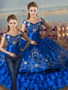 Royal Blue Satin and Organza Lace Up Off The Shoulder Sleeveless Floor Length Quinceanera Dress Embroidery and Ruffled Layers