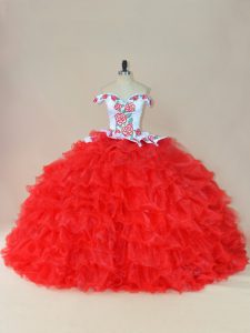 Flare White And Red Lace Up Sweet 16 Quinceanera Dress Embroidery and Ruffles Sleeveless Brush Train