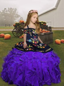 Purple Ball Gowns Straps Sleeveless Organza Floor Length Lace Up Embroidery and Ruffles Little Girl Pageant Dress