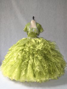 Ball Gowns Quinceanera Dresses Olive Green Scoop Organza Sleeveless Floor Length Lace Up