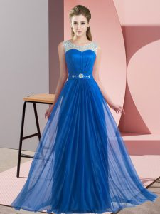 Blue Empire Scoop Sleeveless Chiffon Floor Length Lace Up Beading Quinceanera Dama Dress