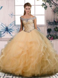 Most Popular Floor Length Ball Gowns Sleeveless Gold Sweet 16 Quinceanera Dress Lace Up