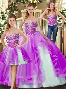 Lilac Lace Up Sweet 16 Dress Beading Sleeveless Floor Length